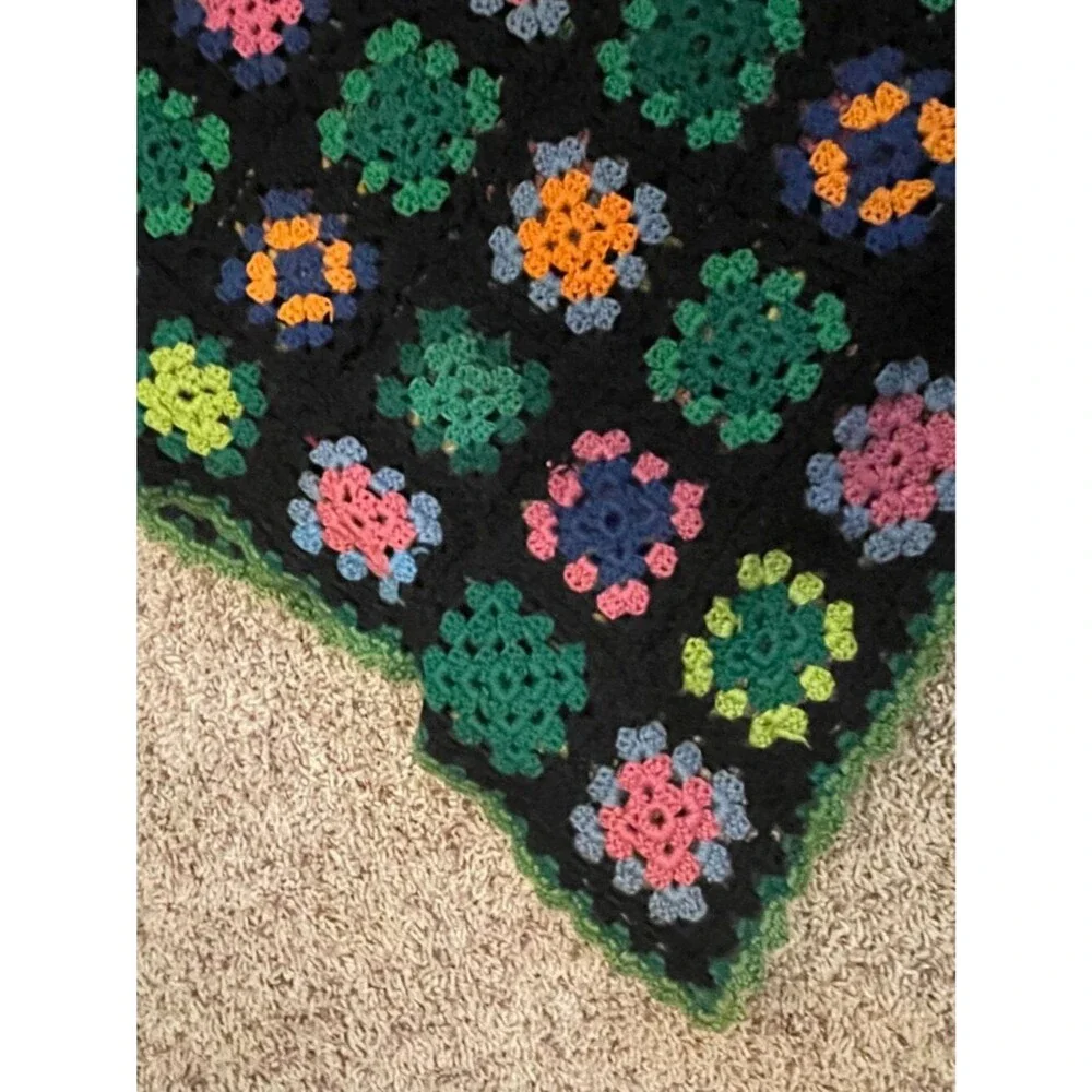 Handmade Crochet Granny Square Afghan Throw Blanket Black Multicolor Vintage